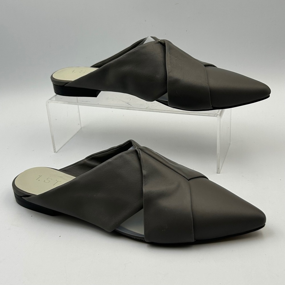 1.STATE Rime Crossover Pointed Toe Mules Womens 7.5 Gray Leather Minimalist Chic